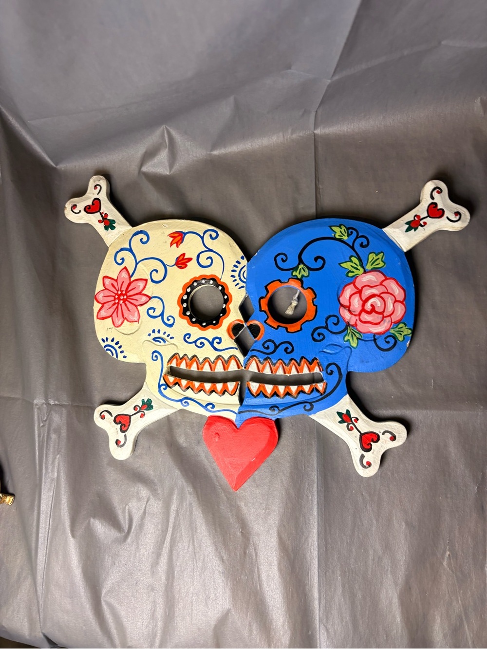 Day of the Dead Dual Skull Wall Plaque β Blue & Cream Decorative Art